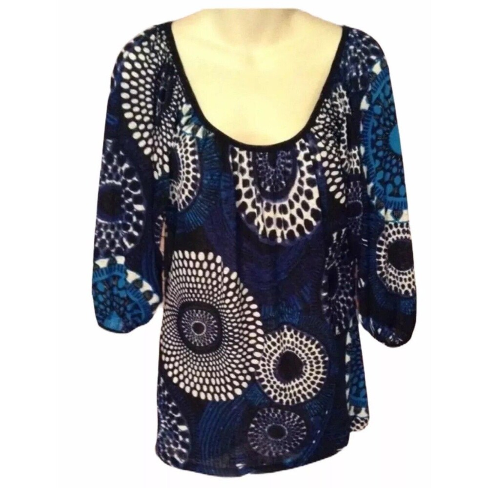 Karen Kane Blue Printed Loose Fitting Stretch Top Small Blouse